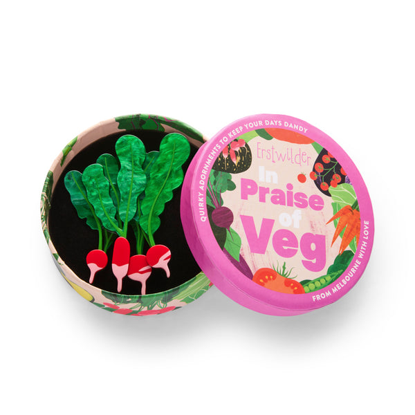 bunch of four radishes with green leaves layered acrylic resin brooch, shown in illustrated round box packaging