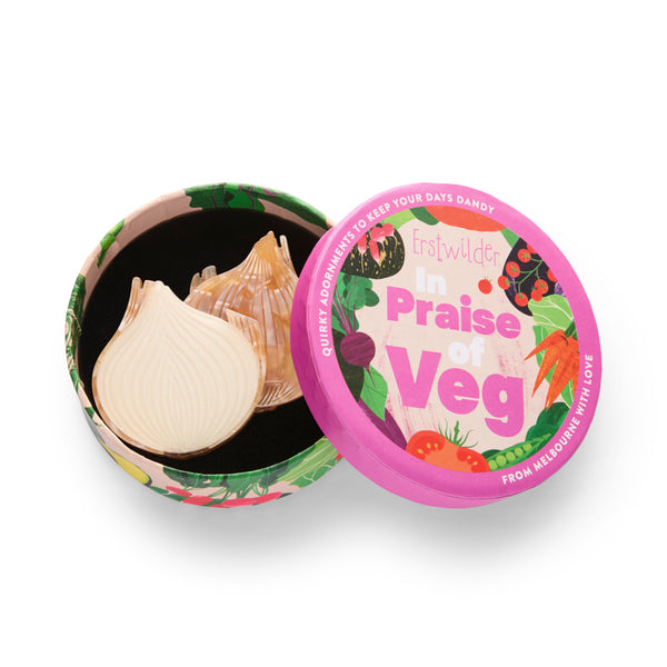pair of white onions layered acrylic resin brooch, shown in illustrated round box packaging
