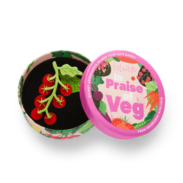 red cherry tomatoes on the vine layered acrylic resin brooch, shown in illustrated round box packaging