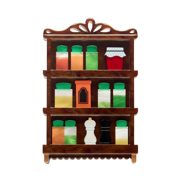Wooden spice rack with colorful jars layered acrylic resin brooch on a white background