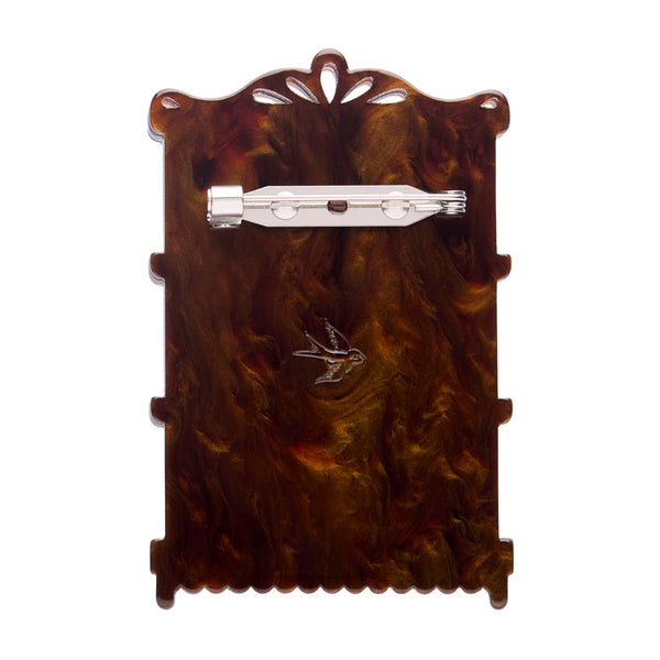 Wooden spice rack with colorful jars layered acrylic resin brooch, showing solid brown back with silver metal pin clasp fastener