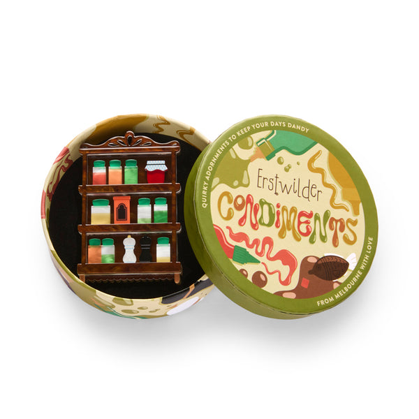 Wooden spice rack with colorful jars layered acrylic resin brooch, shown in illustrated round box packaging