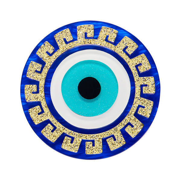 layered acrylic resin evil eye amulet brooch in blue, white, and glitter gold