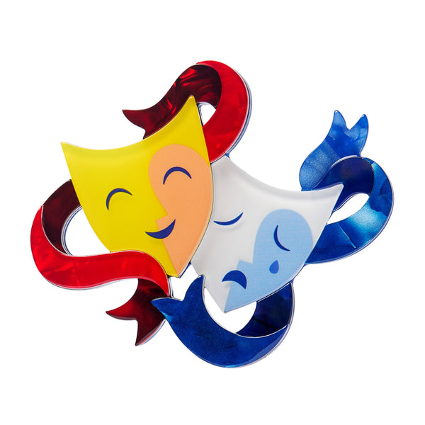 layered acrylic resin comedy and tragedy masks brooch