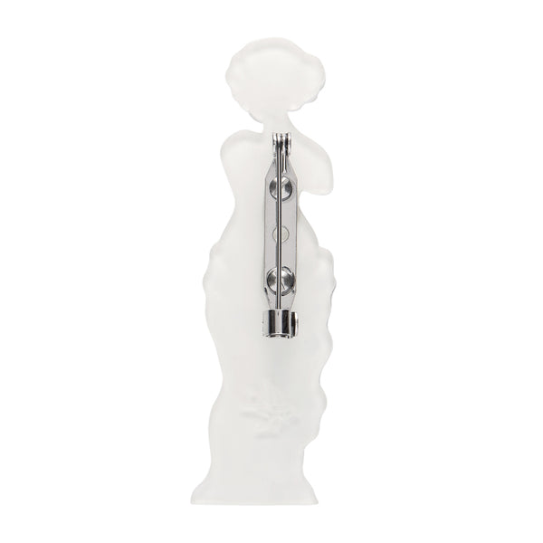 white layered acrylic resin statue of Aphrodite brooch, showing back with silver metal pin clasp