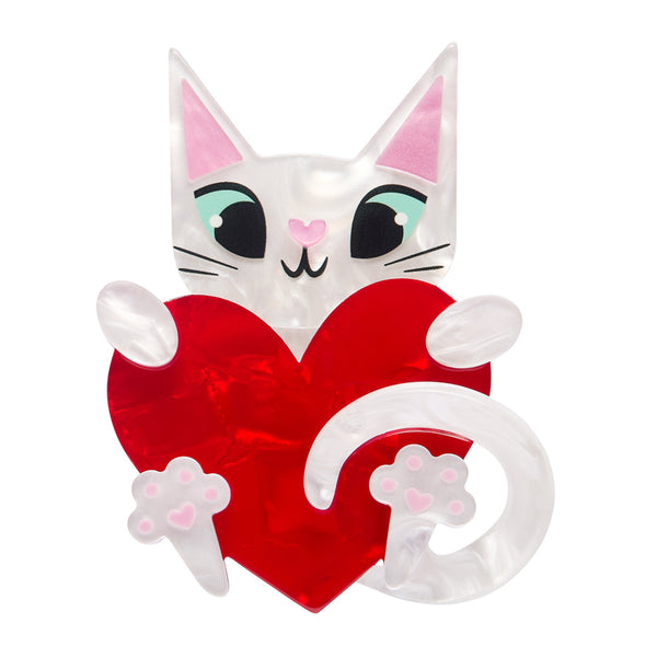 layered acrylic resin white cat holding a red heart brooch
