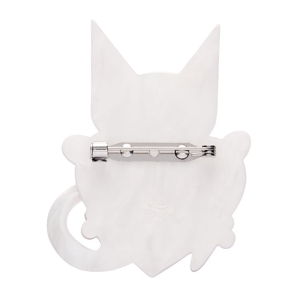 layered acrylic resin white cat holding a red heart brooch, showing solid white backing layer with silver metal pin clasp