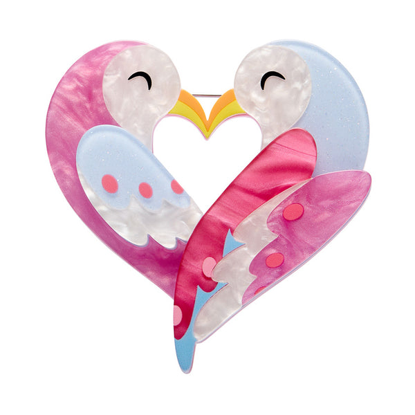 layered acrylic resin brooch depicting a pair of lovebirds in the shape of a heart