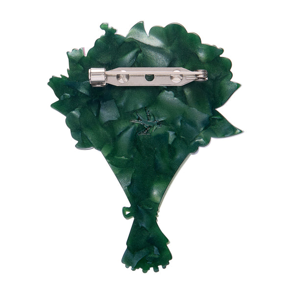 layered acrylic resin floral bouquet brooch, showing solid green back view with silver metal pin clasp