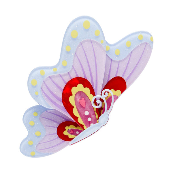 Colorful butterfly-shaped layered acrylic resin brooch with polka dot border 