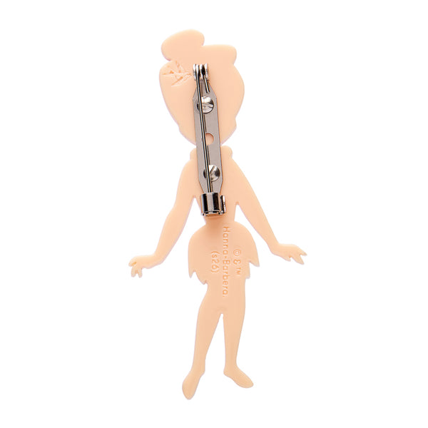 Flintstones cartoon character "Wilma Flintstone" layered acrylic resin brooch, showing back view with silver metal pin clasp
