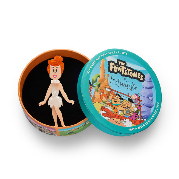 Flintstones cartoon character "Wilma Flintstone" layered acrylic resin brooch, shown in illustrated round box packaging