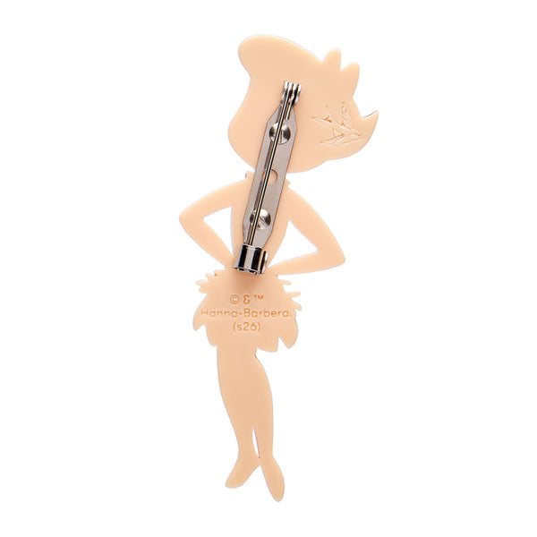 Flintstones cartoon character "Betty Rubble" layered acrylic resin brooch, showing back view with silver metal pin clasp