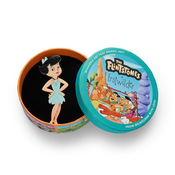 Flintstones cartoon character "Betty Rubble" layered acrylic resin brooch, shown in illustrated round box ackaging