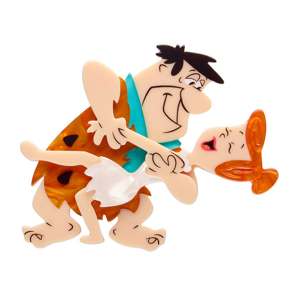 Flintstones cartoon characters "Fred and Wilma" dancing layered acrylic resin brooch