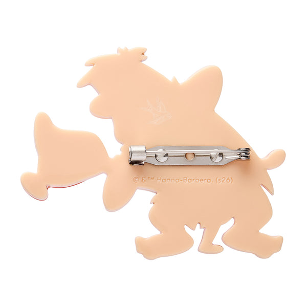 Flintstones cartoon characters "Fred and Wilma" dancing layered acrylic resin brooch, showing back view with silver metal pin clasp