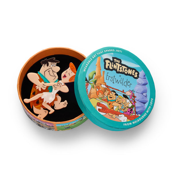 Flintstones cartoon characters "Fred and Wilma" dancing layered acrylic resin brooch, shown in illustrated round box packaging