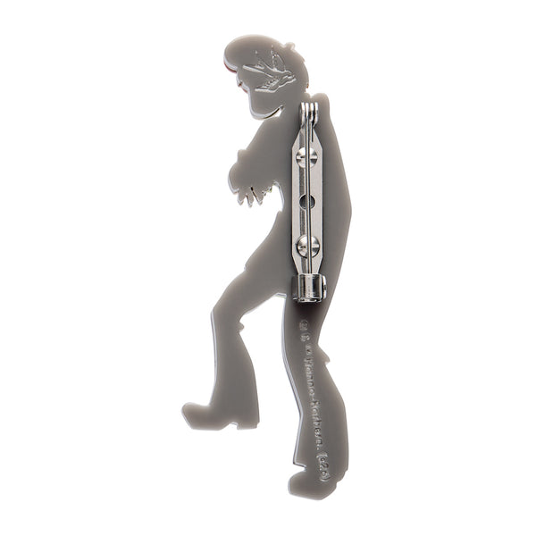 Scooby Doo cartoon character Shaggy acrylic resin brooch, showing back view with silver metal pin clasp