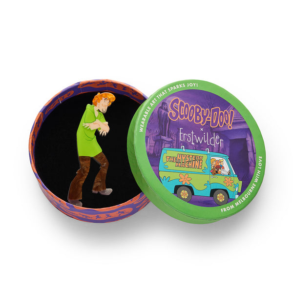 Scooby Doo cartoon character Shaggy acrylic resin brooch, shown in illustrated round box packaging