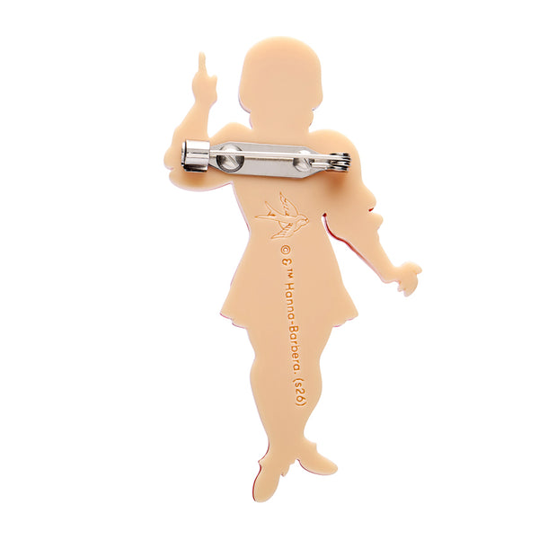 Scooby Doo cartoon character Velma acrylic resin brooch, showing back view with silver metal pin clasp