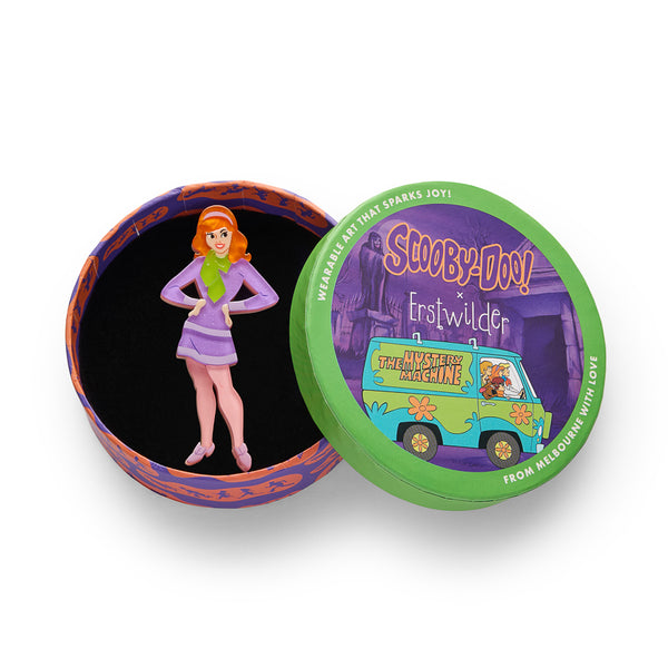 Scooby Doo cartoon character Daphne acrylic resin brooch, shown in illustrated round box packaging
