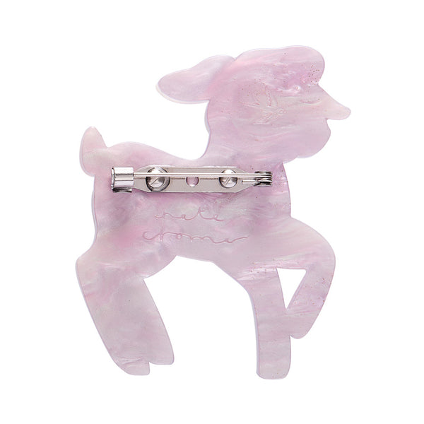 white layered acrylic resin lamb-shaped brooch, showing back view with silver metal pin clasp fastener