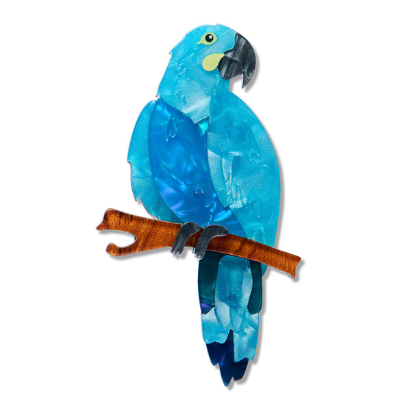 Blue parrot perched on a branch acrylic resin brooch against a white background