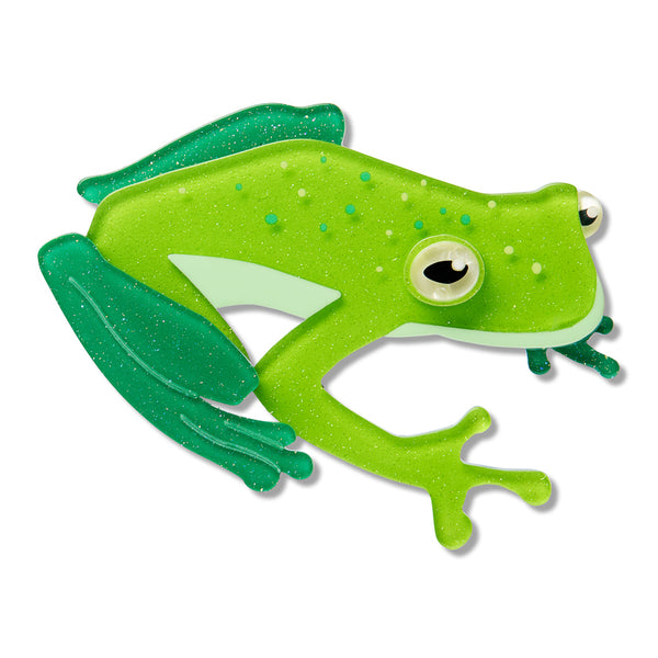 Green frog-shaped resin brooch on a white background