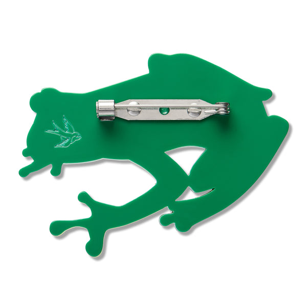 Green frog-shaped resin brooch, showing back with silver metal pin clasp fastener