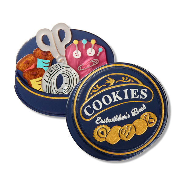 sewing kit cookie tin acrylic resin brooch