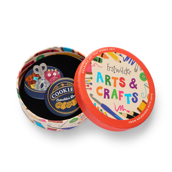 sewing kit cookie tin acrylic resin brooch, shown in illustrated round box packaging