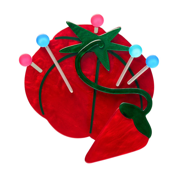 red tomato-shaped pin cushion with colorful ball-tipped pins acrylic resin brooch