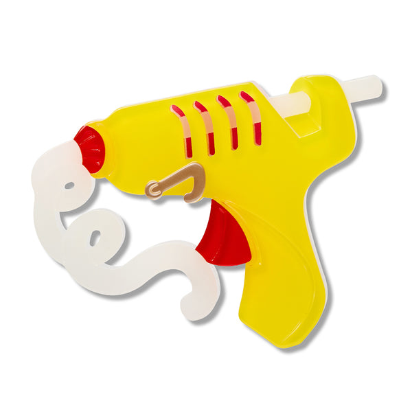 yellow and red hot glue gun shaped acrylic resin brooch