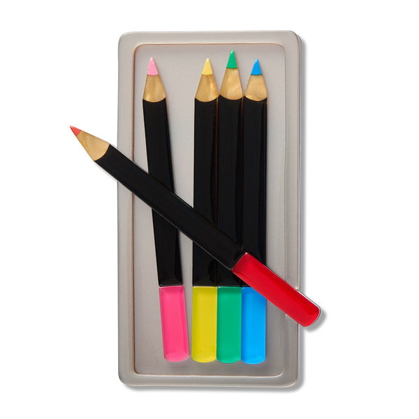 acrylic resin brooch in the shape of a metallic silver pencil box with five colored pencils