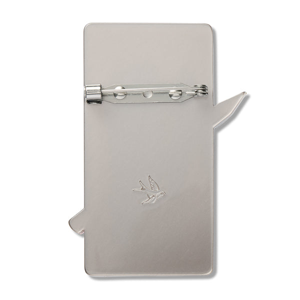 metallic silver back layer of rectangular pencil case shaped brooch