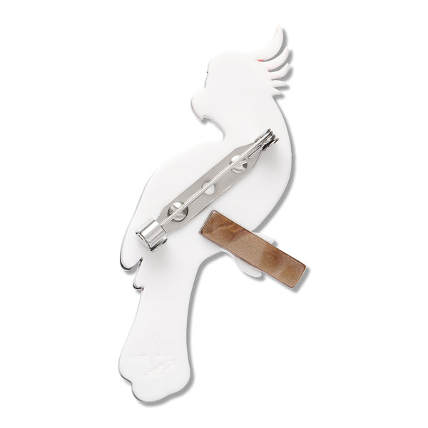 white and brown back layer of cockatoo shaped acrylic resin brooch