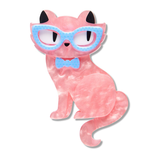 acrylic resin brooch of a pink cat wearing blue glasses and bow tie