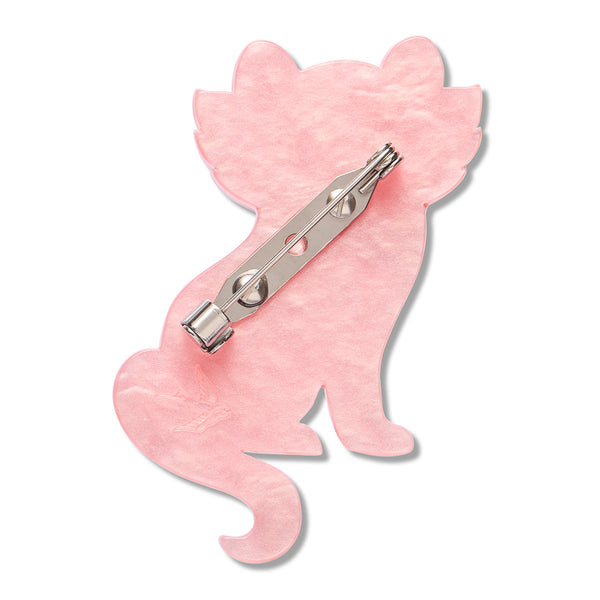back view of pink acrylic resin cat shaped brooch