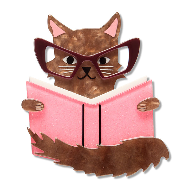 "Puss in Books" bespectacled reading cat textured brown and glitter pink layered resin brooch