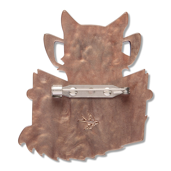 light brown marbled resin back layer of glasses wearing cat reading a book brooch
