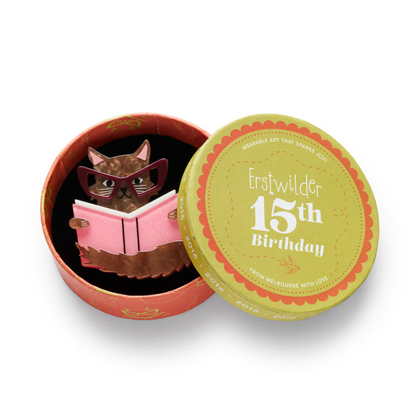 "Puss in Books" bespectacled reading cat textured brown and glitter pink layered resin brooch, shown in illustrated round box packaging