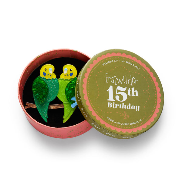 acrylic resin brooch of two stylized green birds with yellow heads perched on a brown branch, with blue flower accents, shown in illustrated round box packaging