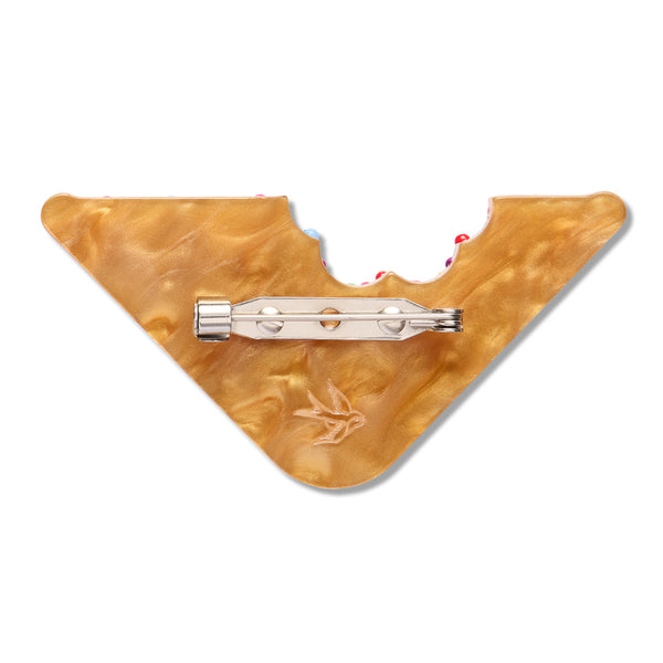 marbled brown back view of triangular shaped bread slice with missing bite acrylic resin brooch