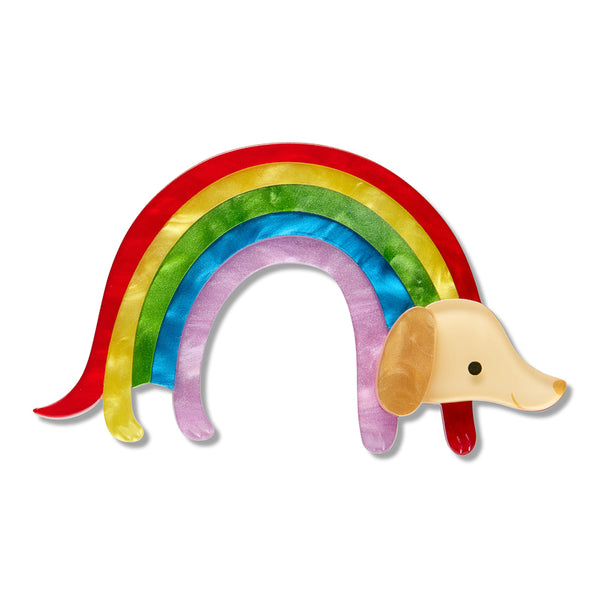 "Rainbow Ruff" rainbow striped arch bodied dog layered resin brooch
