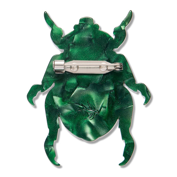 back view of marbled green acrylic resin beetle-shaped brooch