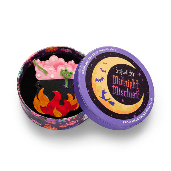 A layered acrylic resin brooch shaped like a black cauldron with orange and red flames at the bottom, pink bubbly steam at the top, and a small green frog bathing inside. Shown in illustrated round gift box packaging