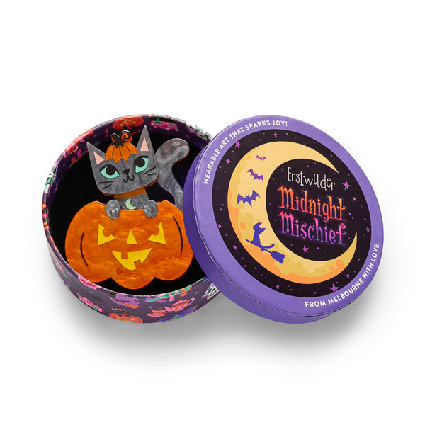 A Halloween-themed acrylic resin brooch featuring a gray cat with green eyes sitting inside a carved orange pumpkin, with a small orange pumpkin top as a hat and a crescent moon collar. Shown in illustrated round gift box packaging.