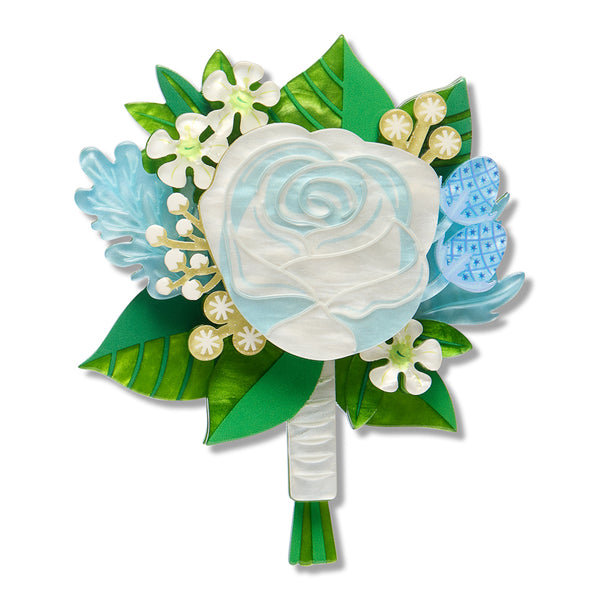 layered acrylic resin blue, creamy yellow, green, and white floral bouquet brooch