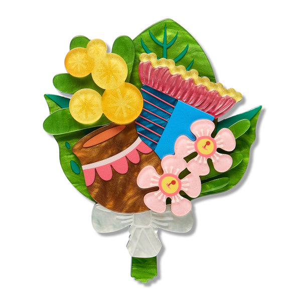 layered acrylic resin pink, blue yellow, green, and white floral bouquet brooch