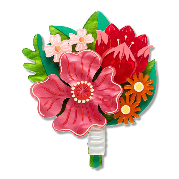 layered acrylic resin pink, orange, green, and red floral bouquet brooch